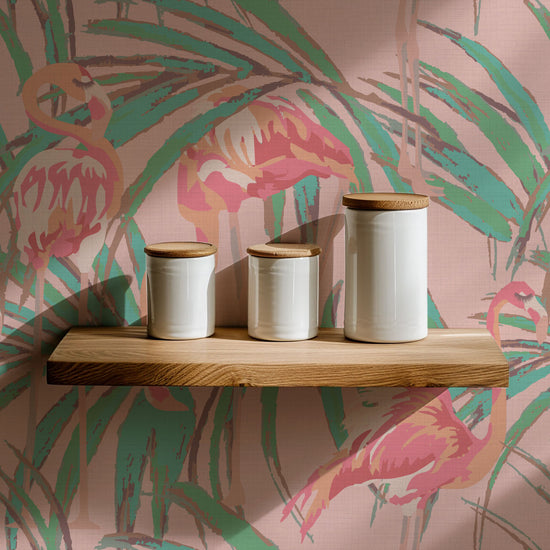 Born This Way Flamingo & Palm Leaf Textured Performance Vinyl Wallpaper in Coral Splashes