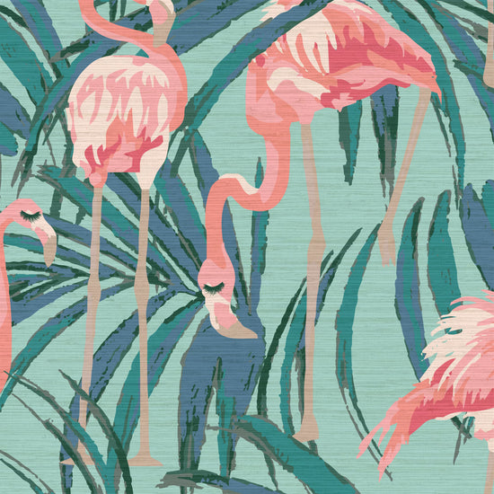light blue printed grasscloth wallpaper with oversized palm leaves layered with extra large flamingos in shades of pink with unexpected luscious eyelashes
