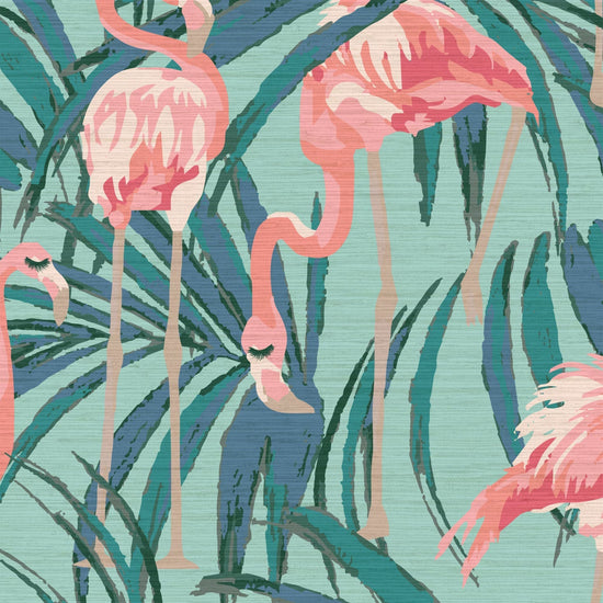 light blue teal printed Grasscloth wallpaper with oversized palm leaves layered with extra large flamingos in shades of pink luscious eyelashes brow beauty bar medspa salon Grasscloth Natural Textured Eco-Friendly Non-toxic High-quality Sustainable practices Sustainability Interior Design Wall covering Bold Wallpaper Custom Tailor-made Retro chic Tropical Beauty Hair Garden jungle Seaside Coastal Seashore Waterfront Vacation home styling Retreat Relaxed Beach cottage animal bird palm leaf tree