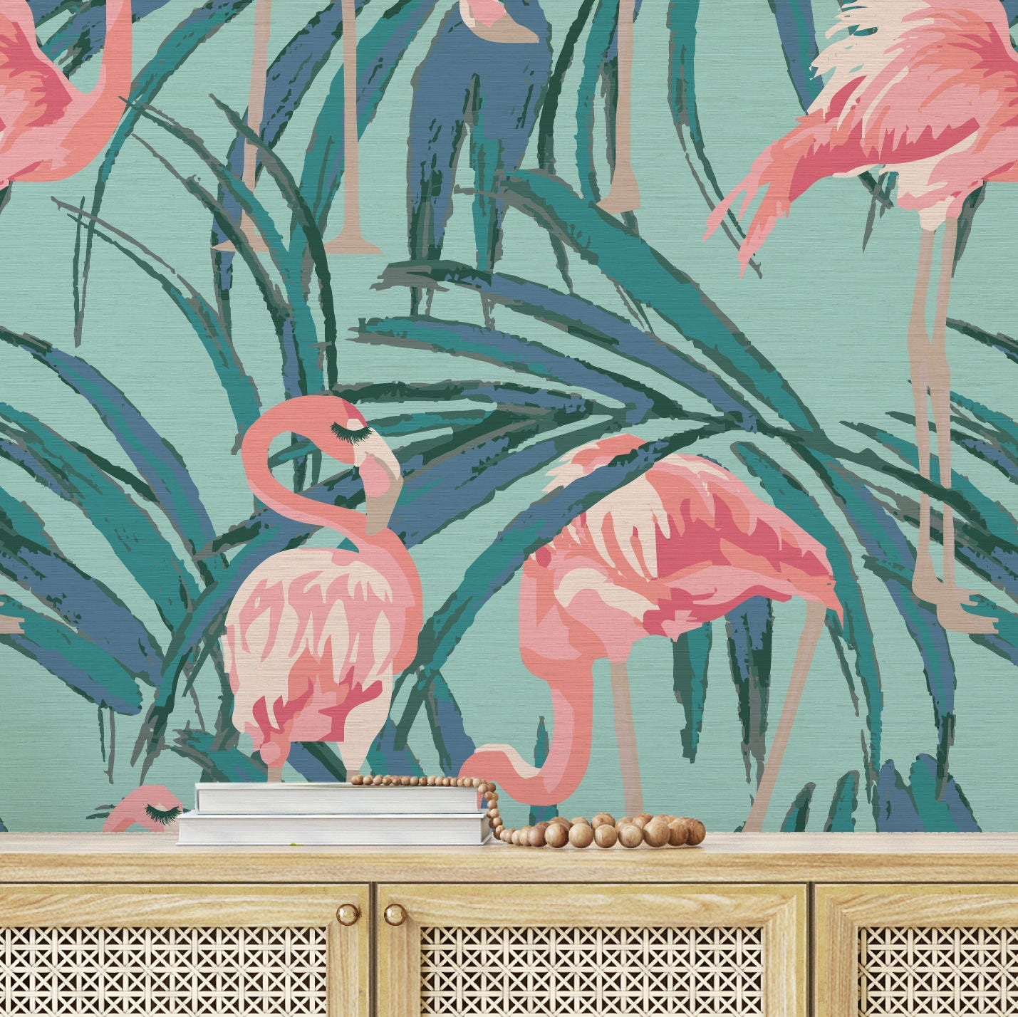 light blue teal printed Grasscloth wallpaper with oversized palm leaves layered with extra large flamingos in shades of pink luscious eyelashes brow beauty bar medspa salon Grasscloth Natural Textured Eco-Friendly Non-toxic High-quality Sustainable practices Sustainability Interior Design Wall covering Bold Wallpaper Custom Tailor-made Retro chic Tropical Beauty Hair Garden jungle Seaside Coastal Seashore Waterfront Vacation home styling Retreat Relaxed Beach cottage animal bird palm leaf tree