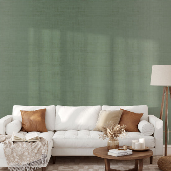 non-toxic sisal metallic textured wallpaper, eco friendly and sustainable with small hits of gold metallic on this designer wallcovering that is a moss green colored neutral paper.