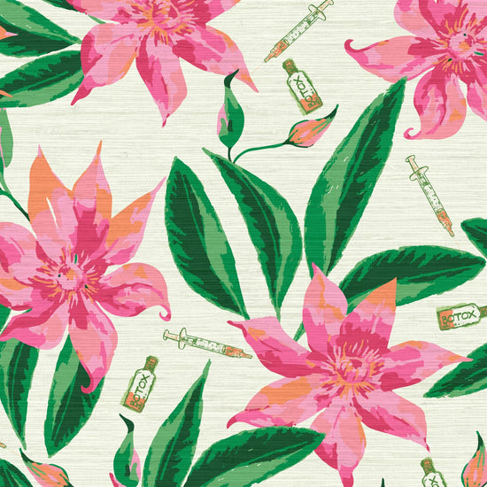 white based grasscloth printed wallpaper with oversized pink flowers and big green leafs with botox bottles syringes  Natural Textured Eco-Friendly Non-toxic High-quality  Sustainable practices Sustainability Interior Design Wall covering Bold Wallpaper Custom Tailor-made Retro chic Tropical Salon  Beauty Hair Garden jungle medspa botanical garden