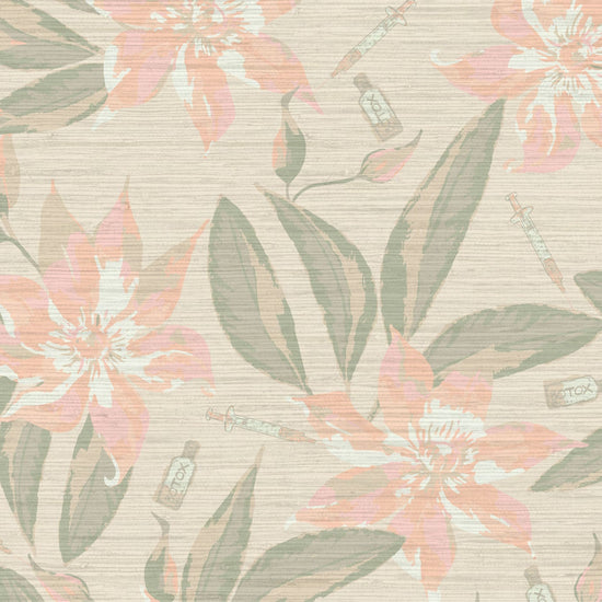 white based grasscloth printed wallpaper with oversized pink flowers and big green leafs with botox bottles syringes Natural Textured Eco-Friendly Non-toxic High-quality Sustainable practices Sustainability Interior Design Wall covering Bold Wallpaper Custom Tailor-made Retro chic Tropical Salon Beauty Hair Garden jungle medspa botanical garden