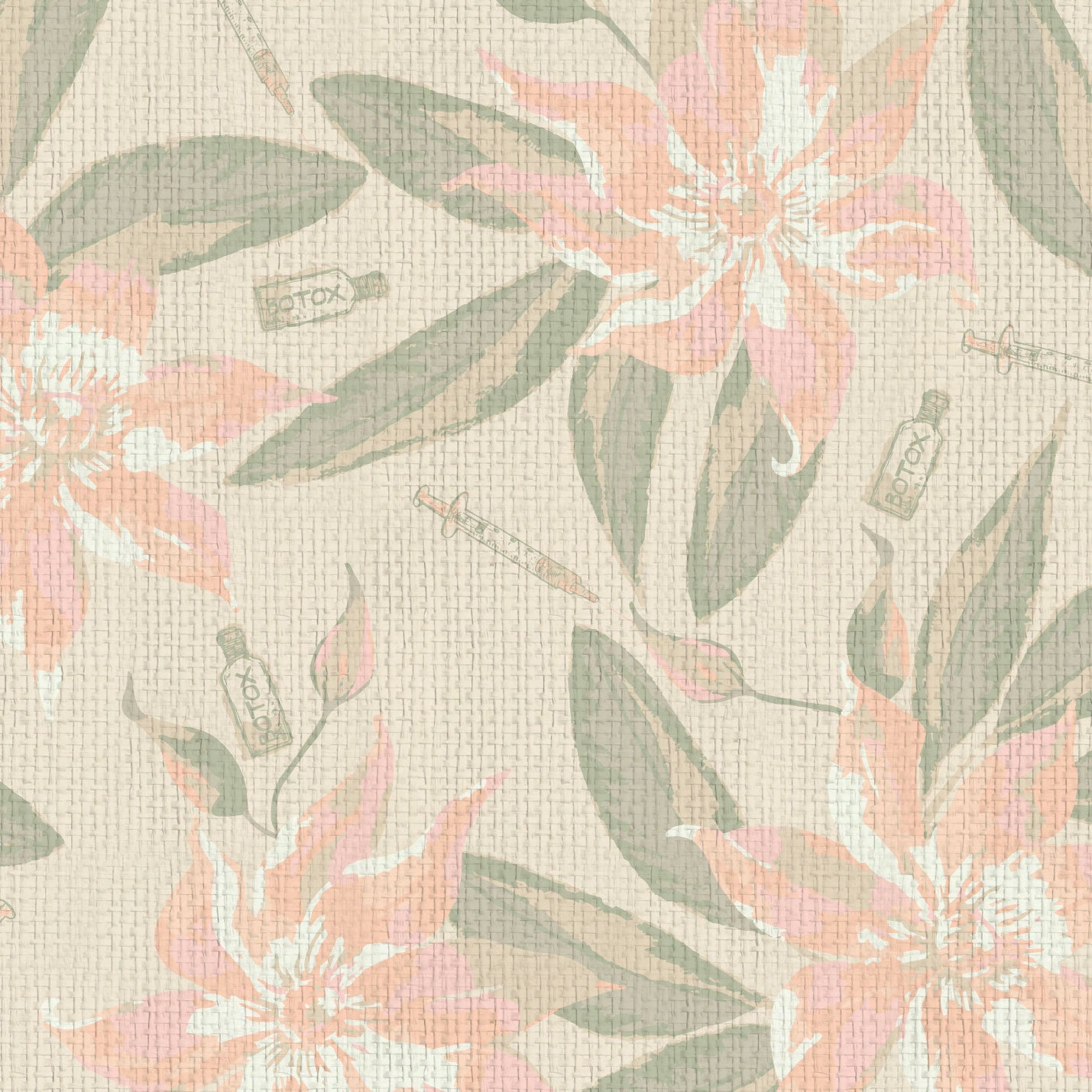 white based grasscloth printed wallpaper with oversized pink flowers and big green leafs with botox bottles syringes Natural Textured Eco-Friendly Non-toxic High-quality Sustainable practices Sustainability Interior Design Wall covering Bold Wallpaper Custom Tailor-made Retro chic Tropical Salon Beauty Hair Garden jungle medspa botanical garden paperweave paper weave