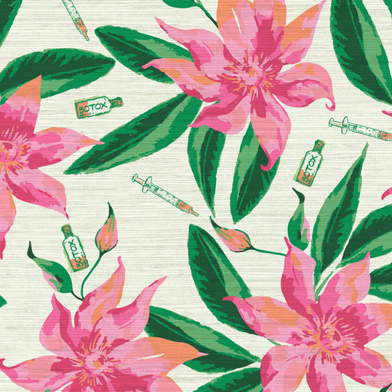 white based grasscloth printed wallpaper with oversized pink flowers and big green leafs with botox bottles syringes  Natural Textured Eco-Friendly Non-toxic High-quality  Sustainable practices Sustainability Interior Design Wall covering Bold Wallpaper Custom Tailor-made Retro chic Tropical Salon  Beauty Hair Garden jungle medspa botanical garden