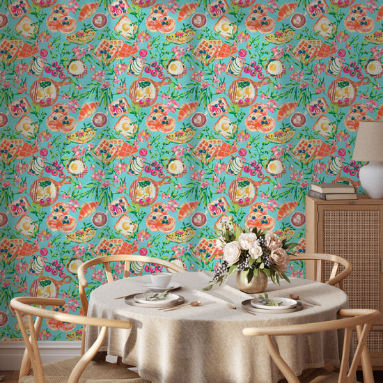 Printed grasscloth wallpaper  breakfast foods: eggs, bacon, waffles, pancakes, toast fresh fruit vegetables flowers tossed allover custom print Natural Textured Eco-Friendly Non-toxic High-quality  Sustainable practices Sustainability Interior Design Wall covering Bold retro multi colored bright chic nook kitchen restaurant dining room