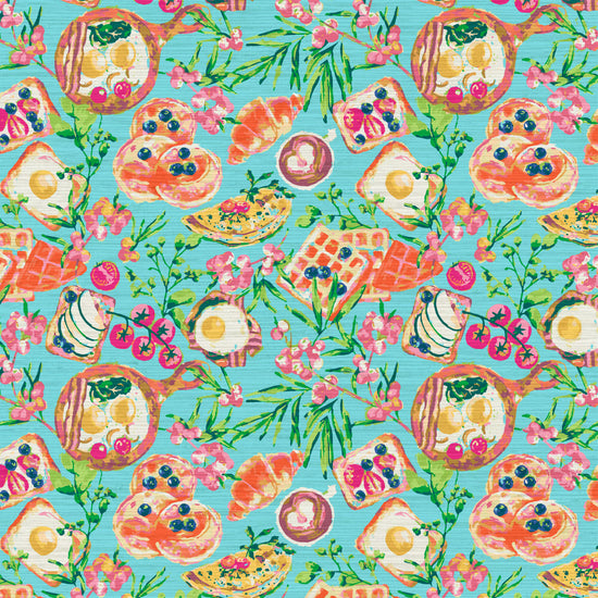 Load image into Gallery viewer, Printed grasscloth wallpaper  breakfast foods: eggs, bacon, waffles, pancakes, toast fresh fruit vegetables flowers tossed allover custom print Natural Textured Eco-Friendly Non-toxic High-quality  Sustainable practices Sustainability Interior Design Wall covering Bold retro multi colored bright chic nook kitchen restaurant
