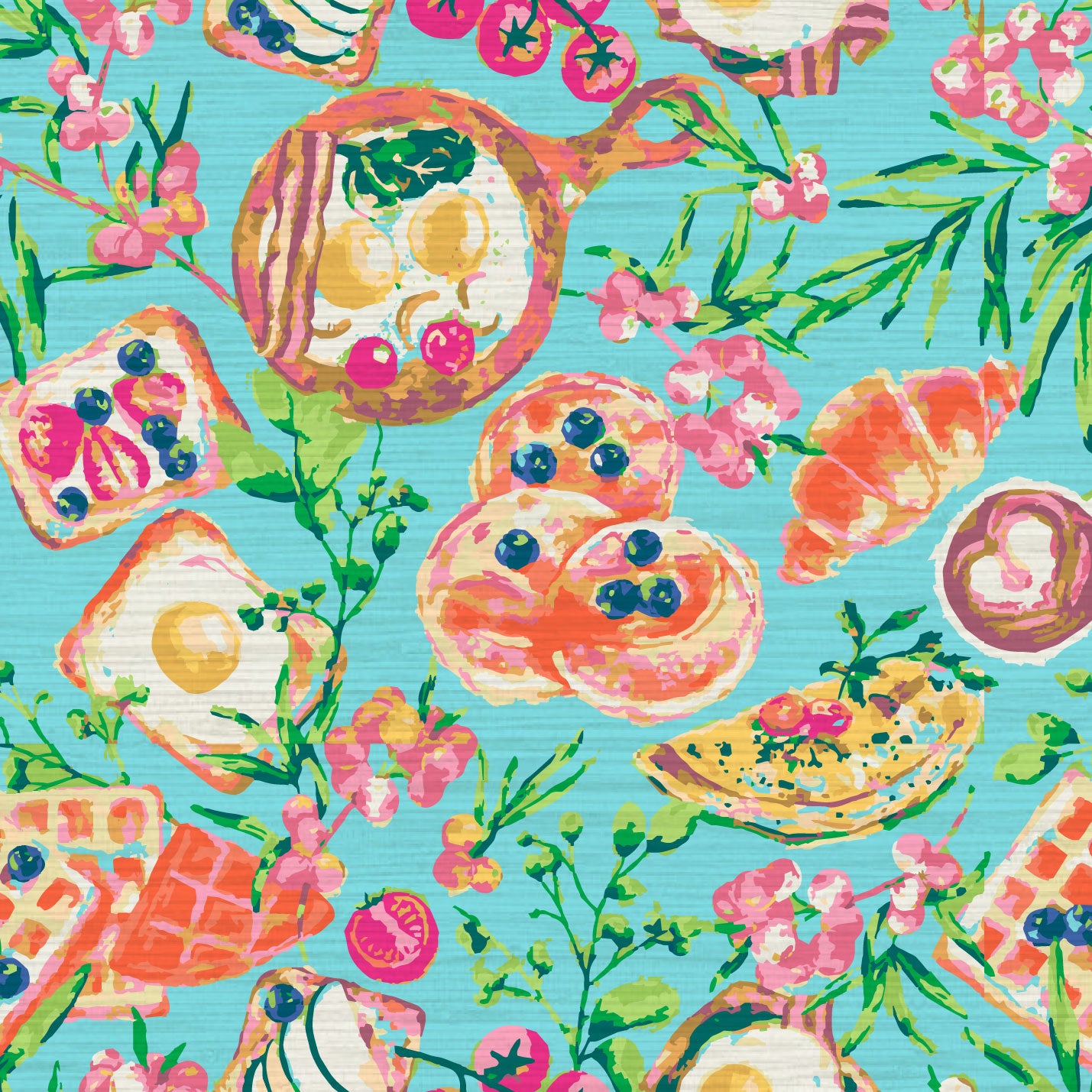 Load image into Gallery viewer, Printed grasscloth wallpaper featuring a variety of breakfast foods including: eggs, bacon, waffles, pancakes, toast with fresh fruit and vegetables along with scattered flowers in a tossed allover print.
