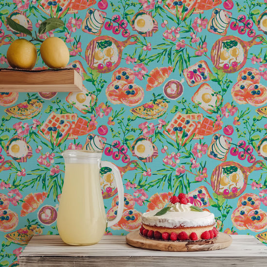 Printed wallpaper breakfast foods: eggs, bacon, waffles, pancakes, toast fresh fruit vegetables flowers tossed allover custom print Textured High-quality Sustainability Interior Design Wall covering Bold retro multi colored bright chic nook kitchen restaurant performance vinyl waterproof washable moisture resistant commercial fire rated