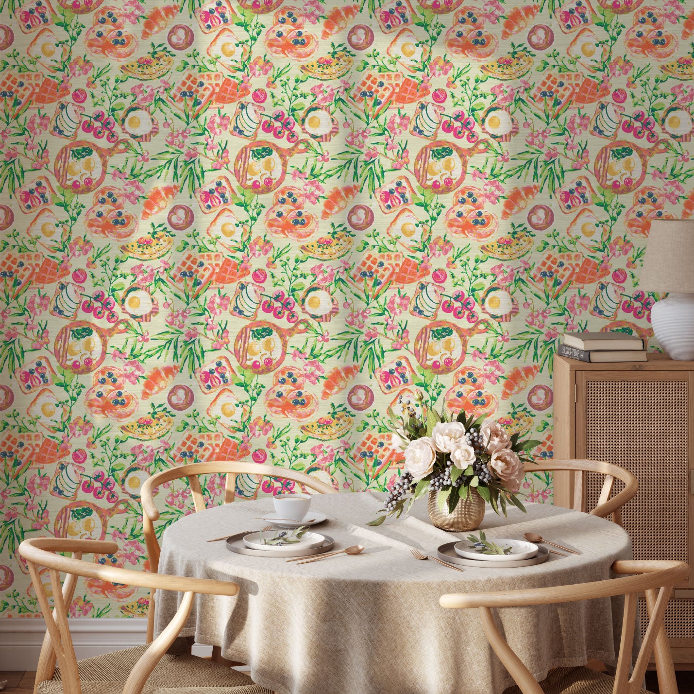 Printed grasscloth wallpaper  breakfast foods: eggs, bacon, waffles, pancakes, toast fresh fruit vegetables flowers tossed allover custom print Natural Textured Eco-Friendly Non-toxic High-quality  Sustainable practices Sustainability Interior Design Wall covering Bold retro multi colored bright chic nook kitchen restaurant.
