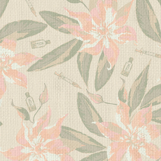 white based grasscloth printed wallpaper with oversized pink flowers and big green leafs with botox bottles syringes Natural Textured Eco-Friendly Non-toxic High-quality Sustainable practices Sustainability Interior Design Wall covering Bold Wallpaper Custom Tailor-made Retro chic Tropical Salon Beauty Hair Garden jungle medspa botanical garden paperweave paper weave