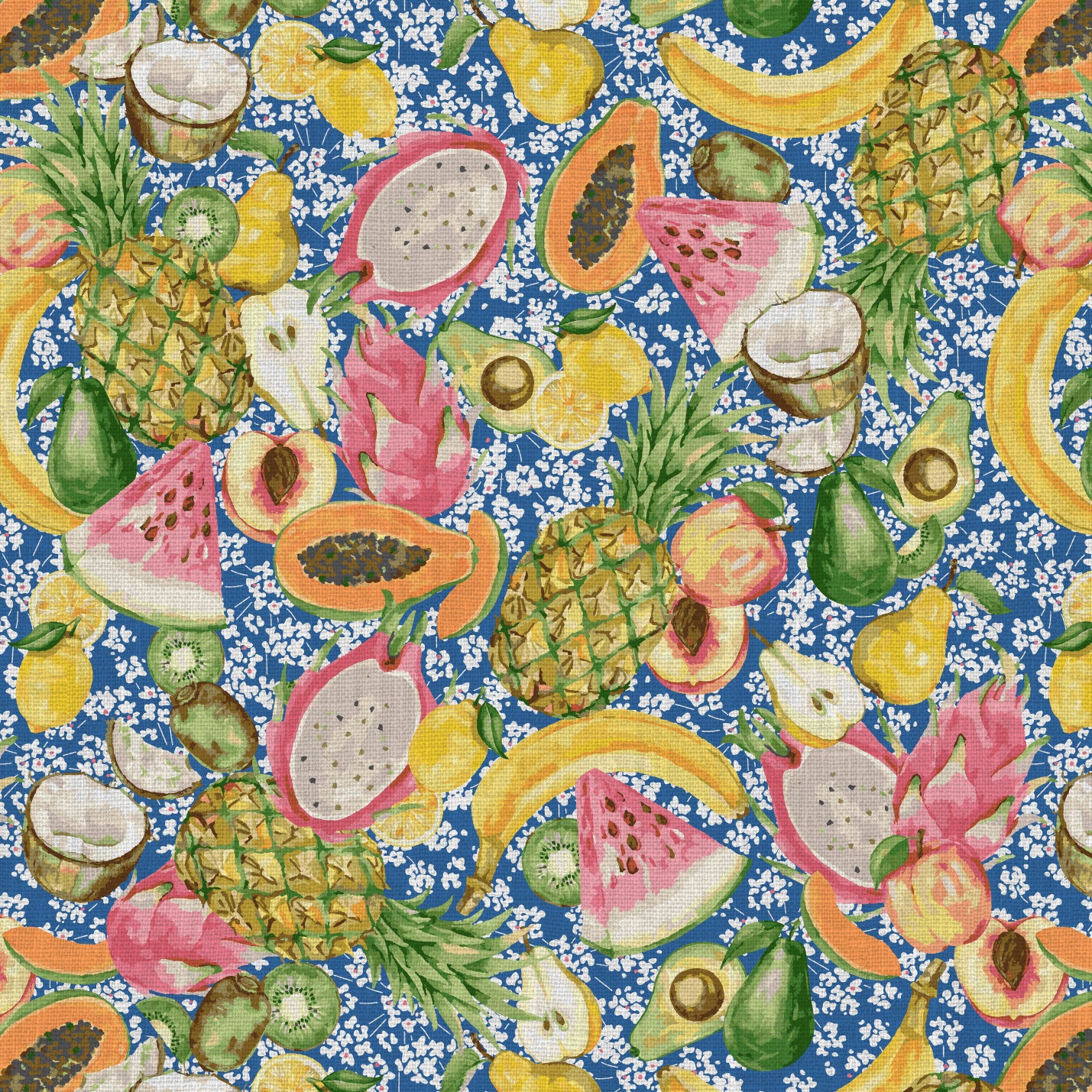 hand painted with watercolors, blue based print with white ditsy florals with tossed fruit layered on top including: pineapples, limes, bananas, avocados, lemons, pears, peaches, watermelon, coconuts, mangos, bananas passion fruit Natural Textured Eco-Friendly Non-toxic High-quality Sustainable practices Sustainability Interior Design Wall covering Bold tropical retro chic garden fabric upholstery