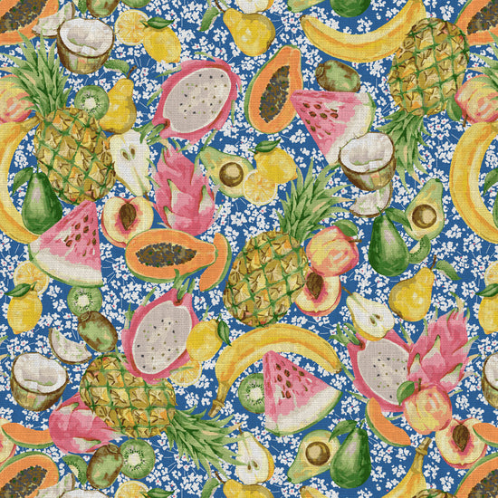 hand painted with watercolors, blue based print with white ditsy florals with tossed fruit layered on top including: pineapples, limes, bananas, avocados, lemons, pears, peaches, watermelon, coconuts, mangos, bananas passion fruit Natural Textured Eco-Friendly Non-toxic High-quality Sustainable practices Sustainability Interior Design Wall covering Bold tropical retro chic garden fabric upholstery