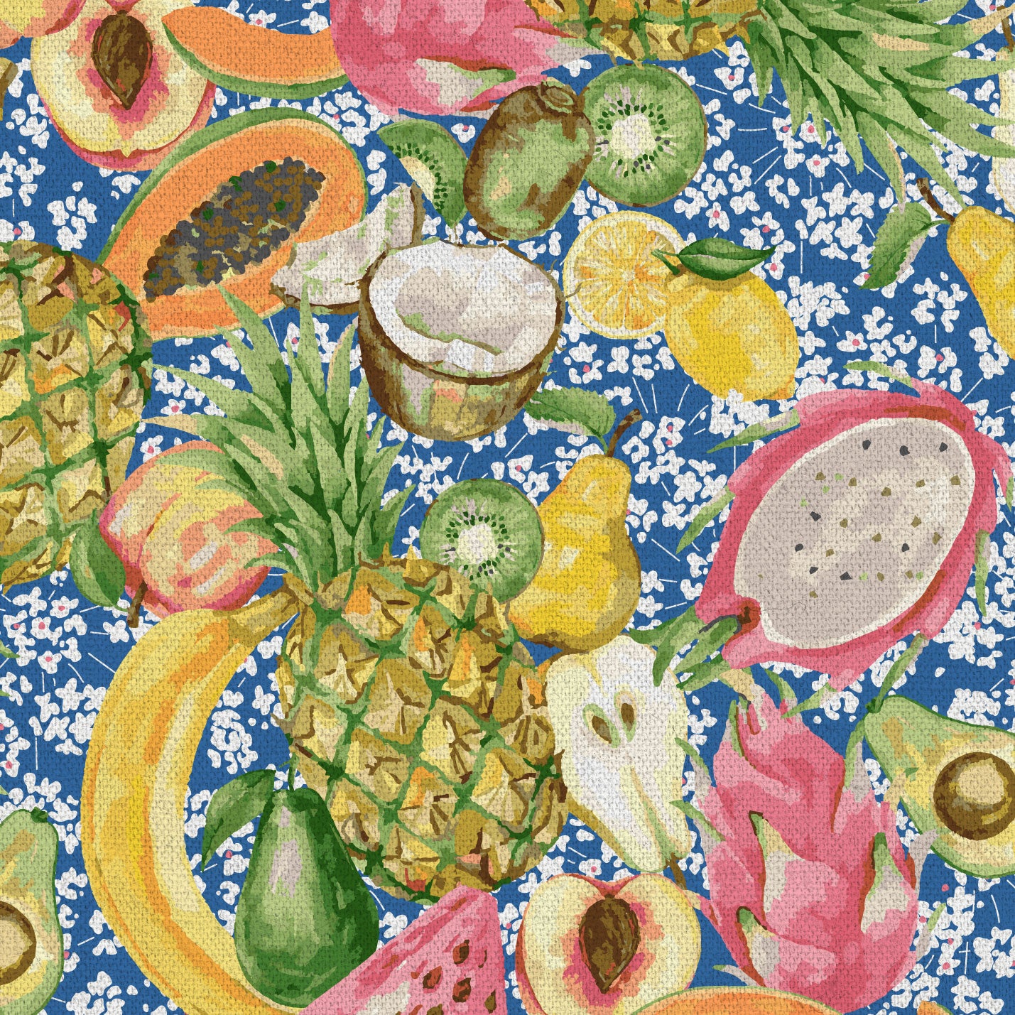 hand painted with watercolors, blue based print with white ditsy florals with tossed fruit layered on top including: pineapples, limes, bananas, avocados, lemons, pears, peaches, watermelon, coconuts, mangos, bananas passion fruit Natural Textured Eco-Friendly Non-toxic High-quality Sustainable practices Sustainability Interior Design Wall covering Bold tropical retro chic garden fabric upholstery