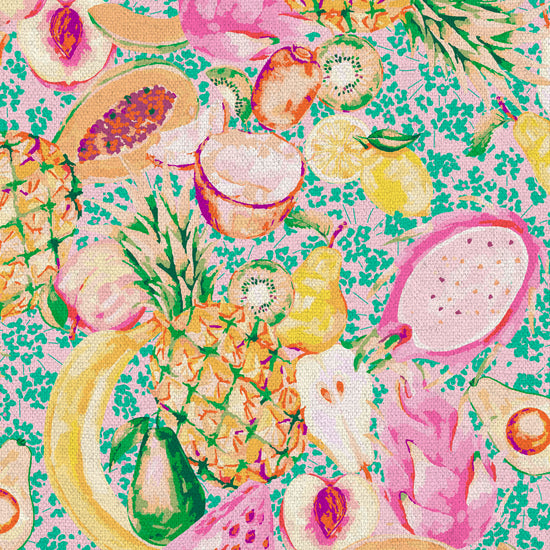 hand painted with watercolors, blue based print with white ditsy florals with tossed fruit layered on top including: pineapples, limes, bananas, avocados, lemons, pears, peaches, watermelon, coconuts, mangos, bananas passion fruit Natural Textured Eco-Friendly Non-toxic High-quality Sustainable practices Sustainability Interior Design Wall covering Bold tropical retro chic garden fabric upholstery