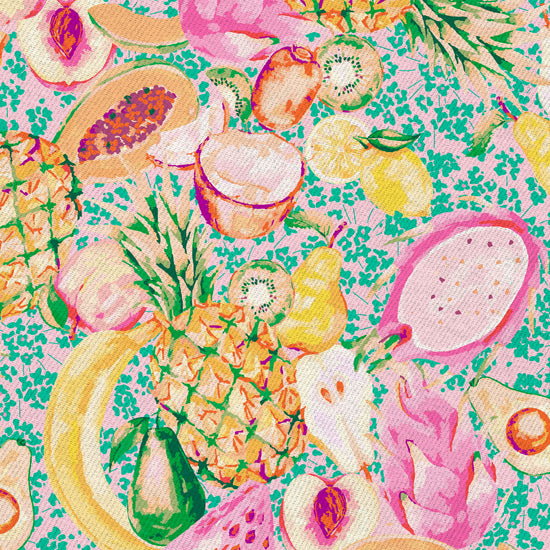 hand painted with watercolors, blue based print with white ditsy florals with tossed fruit layered on top including: pineapples, limes, bananas, avocados, lemons, pears, peaches, watermelon, coconuts, mangos, bananas passion fruit Natural Textured Eco-Friendly Non-toxic High-quality Sustainable practices Sustainability Interior Design Wall covering Bold tropical retro chic garden fabric upholstery