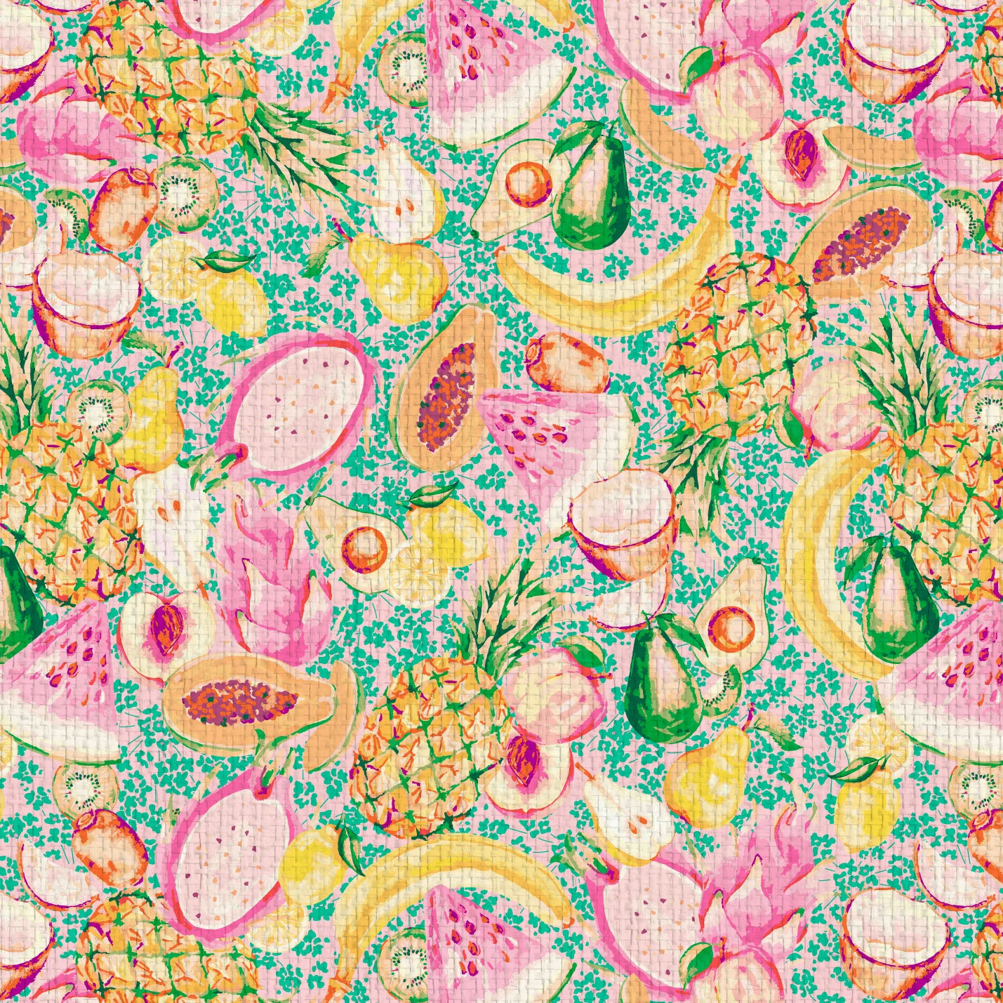 wallpaper hand painted with pastel watercolors, pink based print with bright green ditsy florals with tossed fruit layered on top including: pineapples, limes, bananas, avocados, lemons, pears, peaches, watermelon, coconuts, mangos, bananas and passion fruit Natural Textured Eco-Friendly Non-toxic High-quality Sustainable practices Sustainability Interior Design Wall covering Bold tropical retro chic garden paperweave paper weave