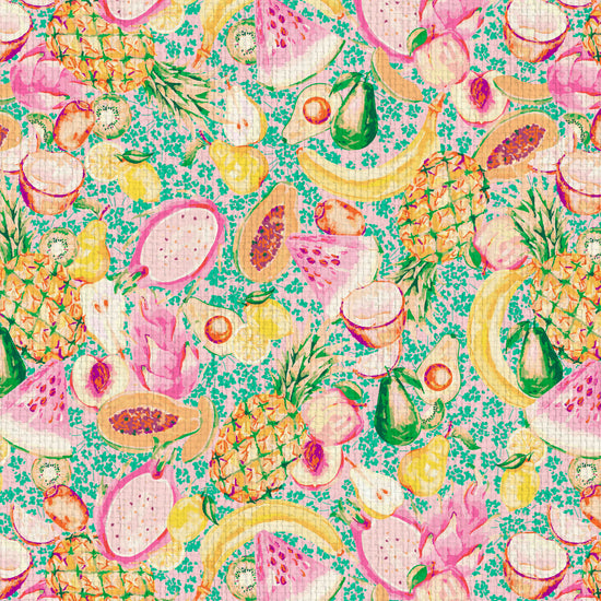 wallpaper hand painted with pastel watercolors, pink based print with bright green ditsy florals with tossed fruit layered on top including: pineapples, limes, bananas, avocados, lemons, pears, peaches, watermelon, coconuts, mangos, bananas and passion fruit Natural Textured Eco-Friendly Non-toxic High-quality Sustainable practices Sustainability Interior Design Wall covering Bold tropical retro chic garden paperweave paper weave