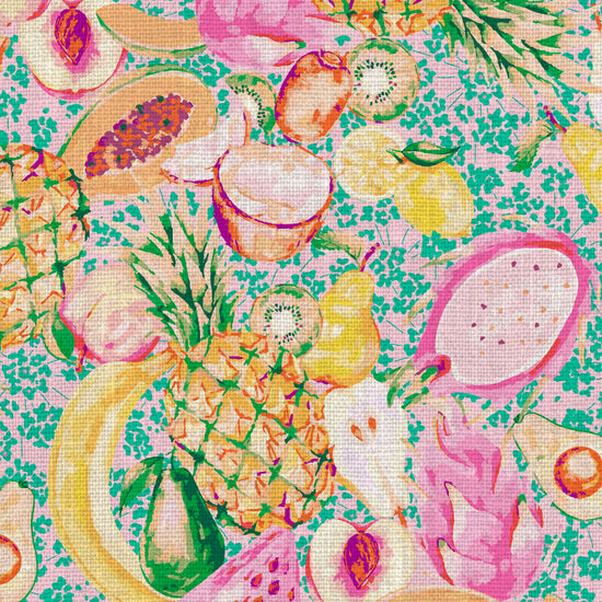wallpaper hand painted with watercolors, blue based print with white ditsy florals with tossed fruit layered on top including: pineapples, limes, bananas, avocados, lemons, pears, peaches, watermelon, coconuts, mangos, bananas passion fruit Natural Textured Eco-Friendly Non-toxic High-quality Sustainable practices Sustainability Interior Design Wall covering Bold tropical retro chic garden linen