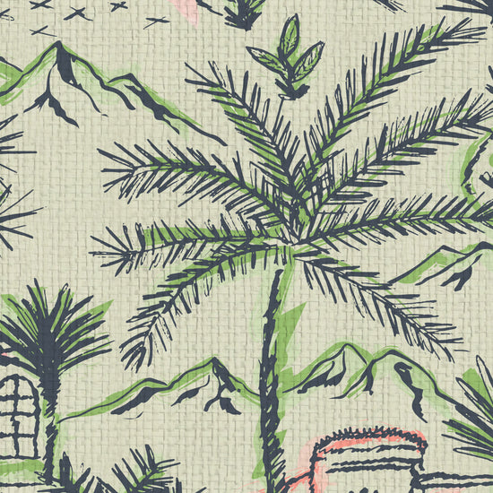 paperweave paper weave wallpaper modern toile custom print Spanish architecture houses, palm trees, pools, 1980s vintage cars mountains cream base with dark green, bright neon green and splashes of neon coral botanical beach retro Natural Textured Eco-Friendly Non-toxic High-quality Sustainable practices Sustainability Interior Design Wall covering Bold Wallpaper Custom Tailor-made Retro chic Tropical Seaside Coastal Seashore Waterfront Vacation home styling Retreat Relaxed beach vibes Shoreline Oceanfront