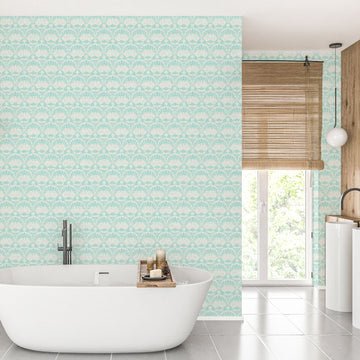 printed wallpaper seashell horizontal stripe Textured High-quality Interior Design Wall covering custom tailor-made retro chic tropical bespoke nature Seaside Coastal Seashore Waterfront Vacation home styling Retreat Relaxed beach vibes Beach cottage Shoreline Oceanfront Nautical pastel subtle green teal white soft performance vinyl waterproof washable moisture resistant commercial fire rated