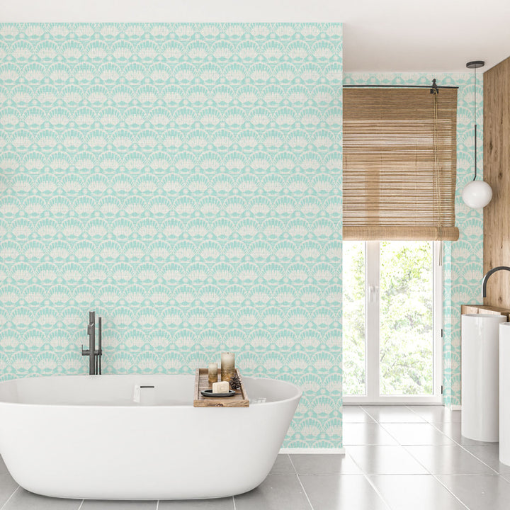 printed wallpaper seashell horizontal stripe Textured High-quality Interior Design Wall covering custom tailor-made retro chic tropical bespoke nature Seaside Coastal Seashore Waterfront Vacation home styling Retreat Relaxed beach vibes Beach cottage Shoreline Oceanfront Nautical pastel subtle green teal white soft performance vinyl waterproof washable moisture resistant commercial fire rated