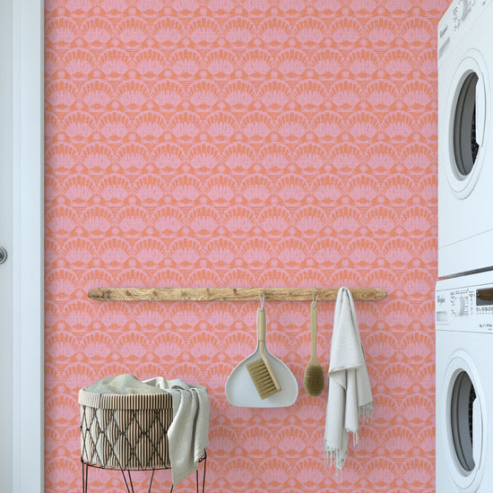 Caribbean Queen Shell Striped Textured Performance Vinyl Wallpaper in Coral Reef