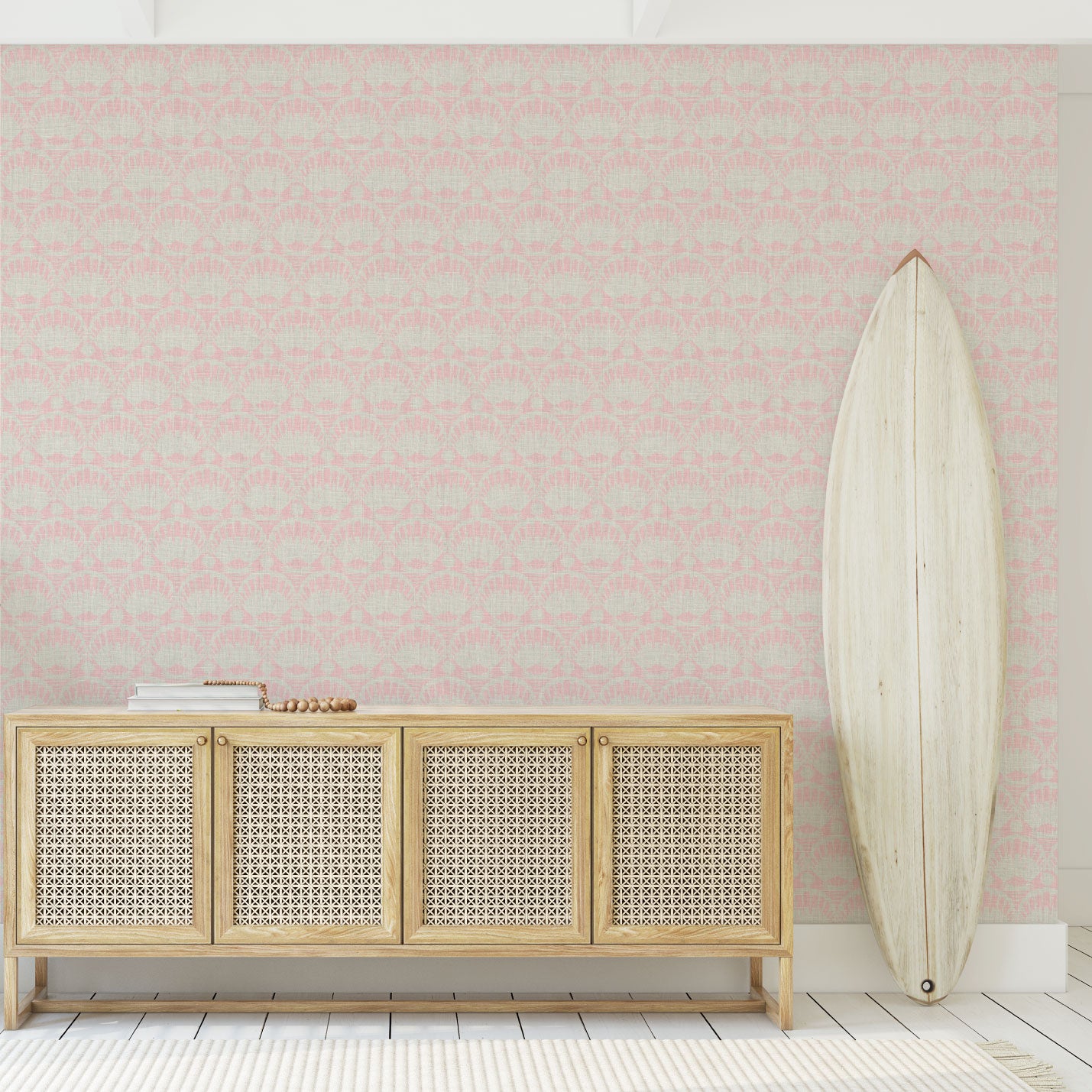 wallpaper seashell horizontal stripe Natural Textured Eco-Friendly Non-toxic High-quality Sustainable practices Sustainability Interior Design Wall covering custom tailor-made retro chic tropical bespoke nature Seaside Coastal Seashore Waterfront Vacation home styling Retreat Relaxed beach vibes Beach cottage Shoreline Oceanfront Nautical pastel subtle baby nursery light pink white soft linen