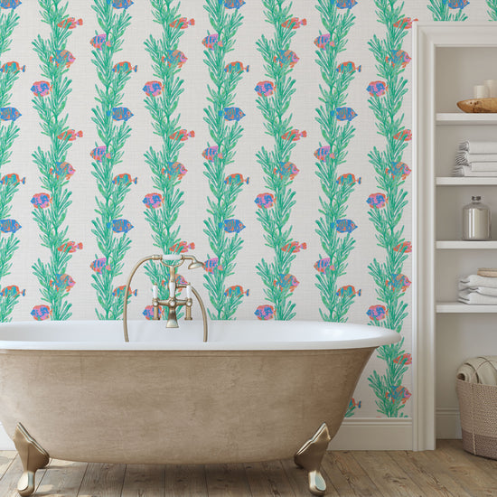 Caught Up in You Tropical Fish Seaweed Striped Textured Performance Vinyl Wallpaper in Blue Lagoon