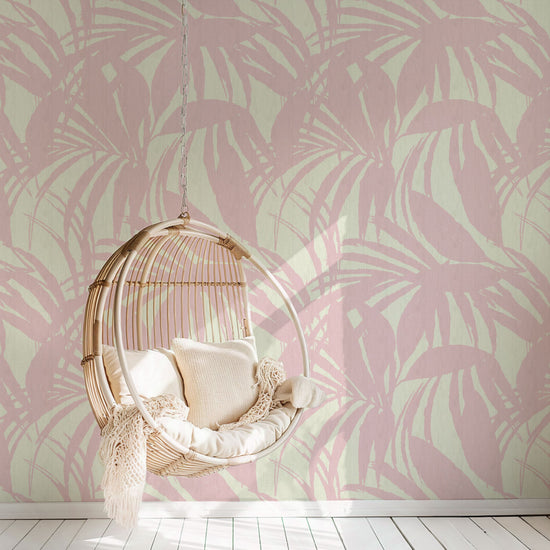 wallpaper oversize tropical leaf Natural Textured Eco-Friendly Non-toxic High-quality  Sustainable practices Sustainability Interior Design Wall covering Bold retro chic custom jungle garden botanical Seaside Coastal Seashore Waterfront Vacation home styling Retreat Relaxed beach vibes Beach cottage Shoreline Oceanfront white pink baby bubblegum foyer entrance surf shack surfboard paper weave paperweave basketweave basket weave