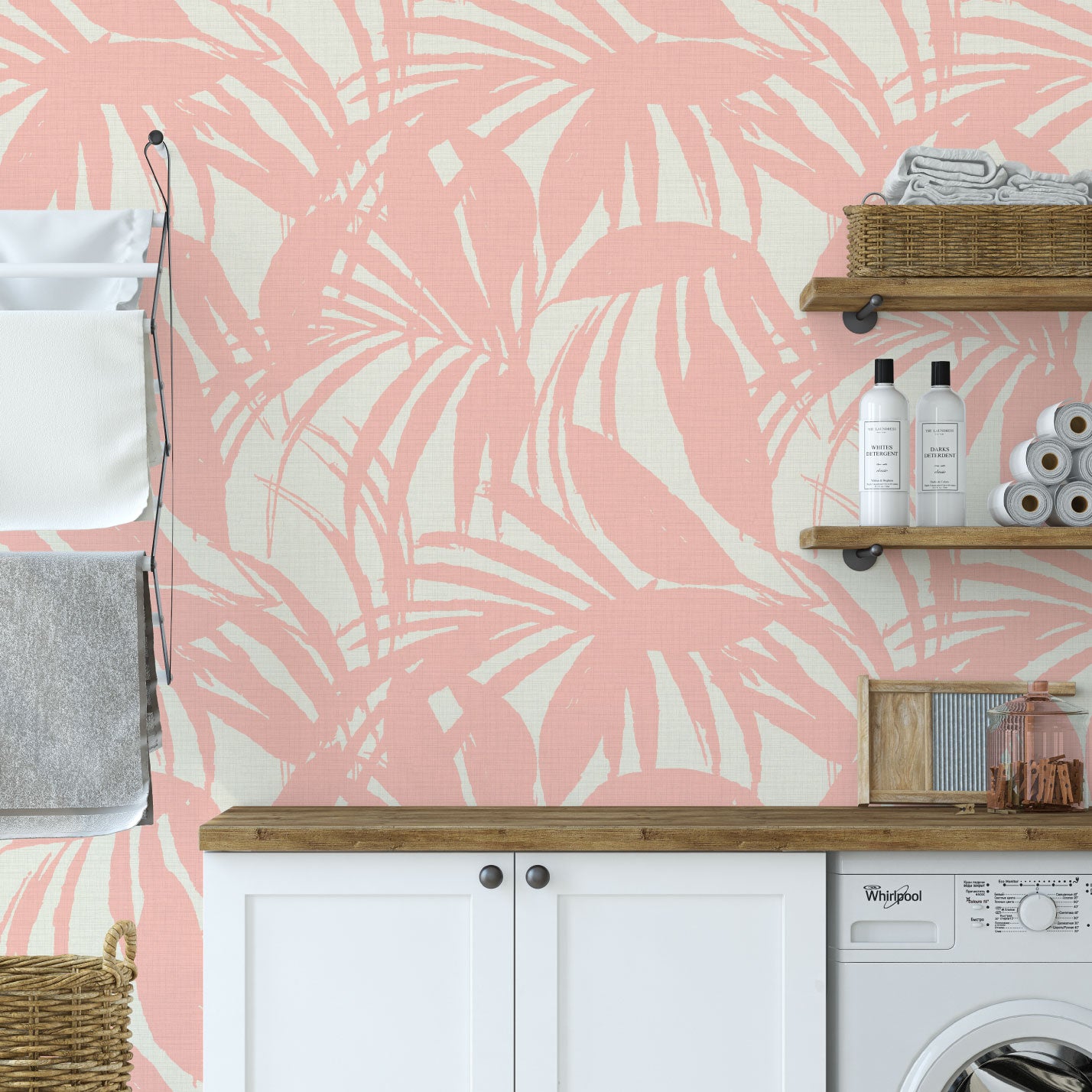 Club Paradise Palm Leaf Textured Performance Vinyl Wallpaper in Coral Splashes