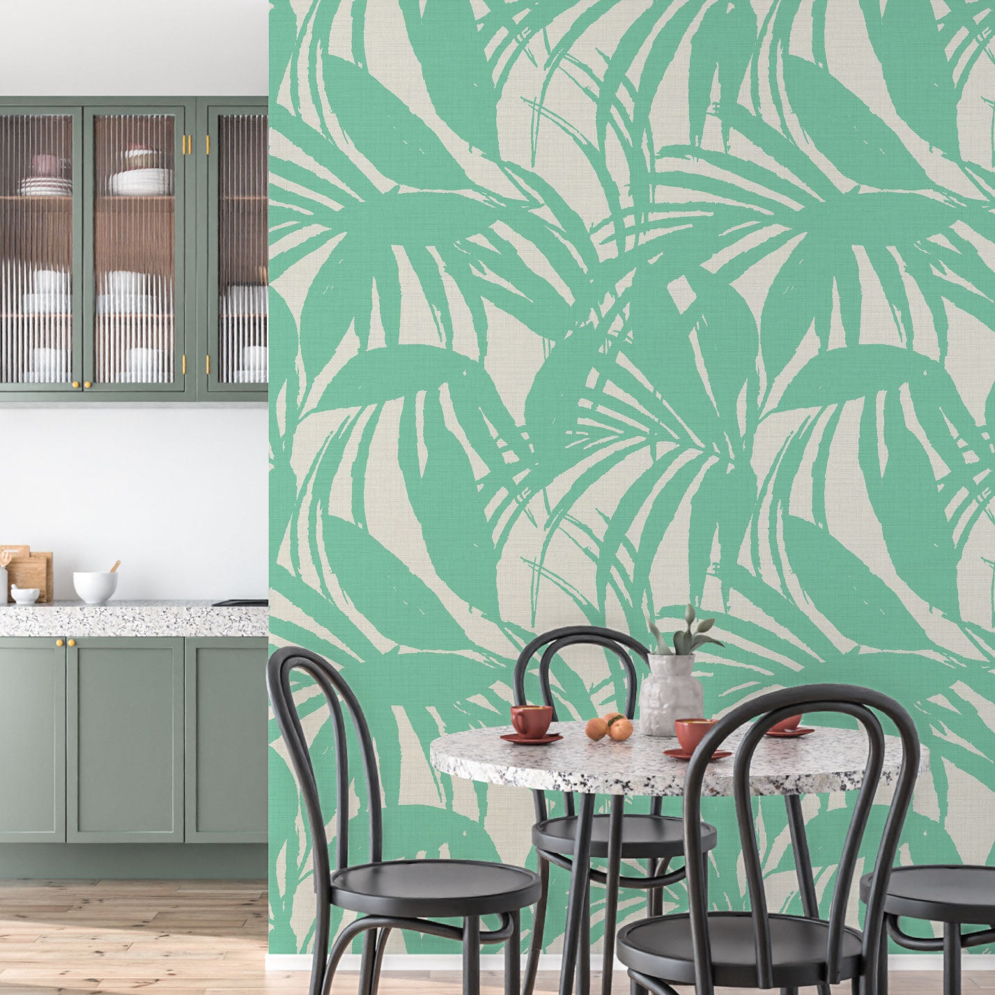 Club Paradise Palm Leaf Textured Performance Vinyl Wallpaper in Mint Mojito Green