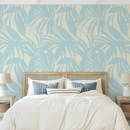 printed grasscloth wallpaper oversize tropical leaf Natural Textured Eco-Friendly Non-toxic High-quality  Sustainable practices Sustainability Interior Design Wall covering Bold retro chic custom jungle garden botanical Seaside Coastal Seashore Waterfront Vacation home styling Retreat Relaxed beach vibes Beach cottage Shoreline Oceanfront white blue ocean sky 