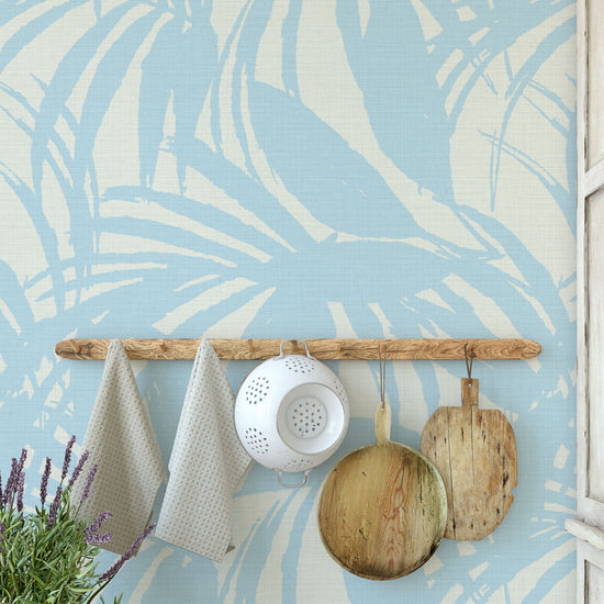 Club Paradise Palm Leaf Textured Performance Vinyl Wallpaper in Ocean Waves Blue