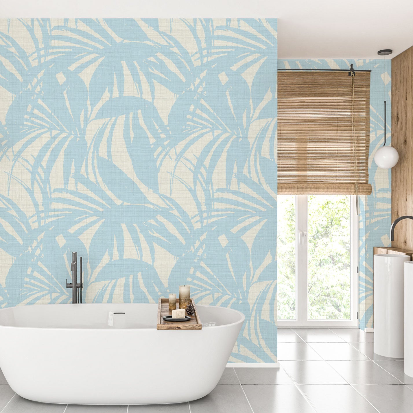 Club Paradise Palm Leaf Textured Performance Vinyl Wallpaper in Ocean Waves Blue