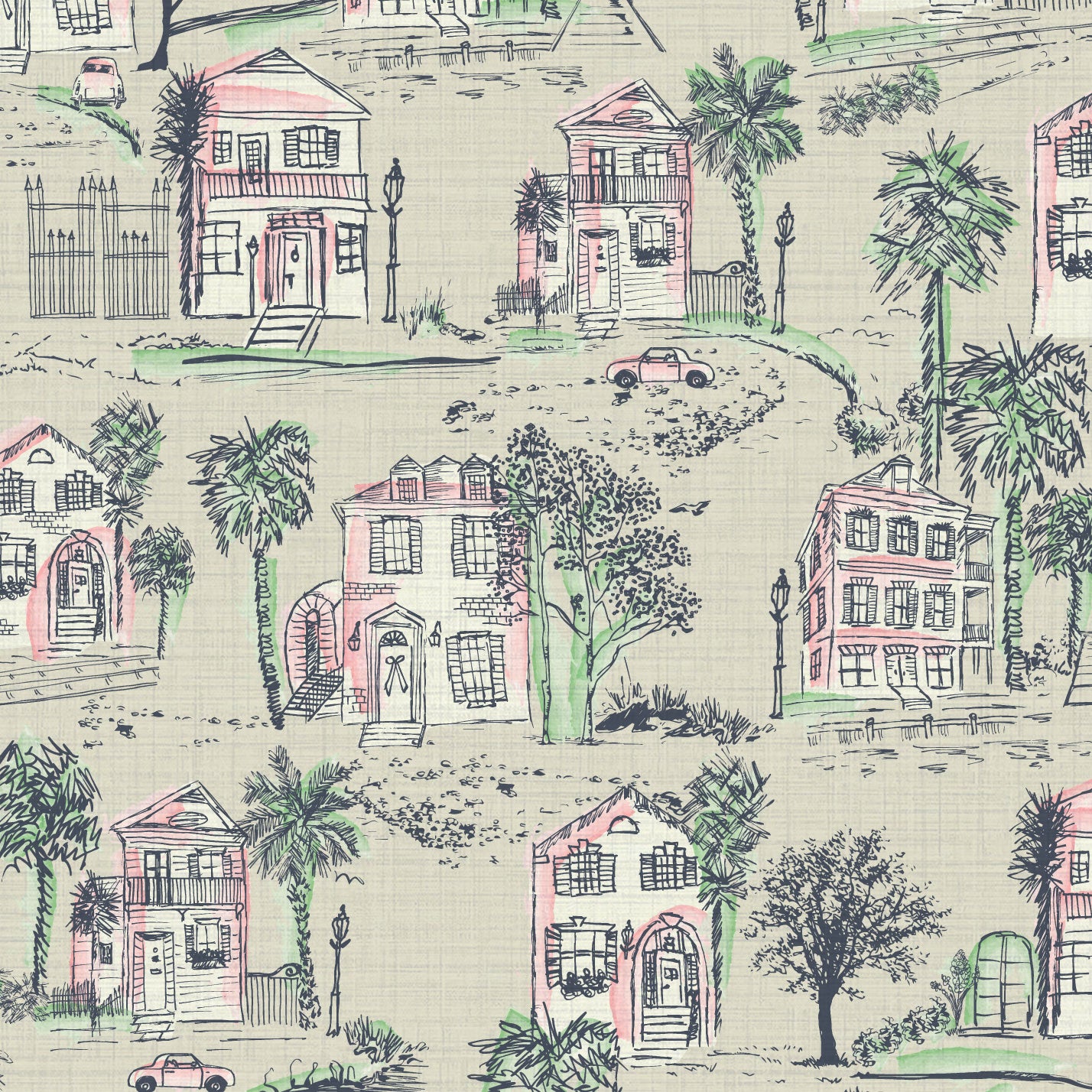 Daydream Believer Charleston Toile Textured Performance Vinyl Wallpaper in Coral Splashes