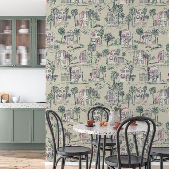 Daydream Believer Charleston Toile Textured Performance Vinyl Wallpaper in Coral Splashes