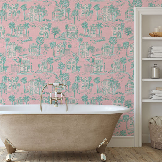 Daydream Believer Charleston Toile Textured Performance Vinyl Wallpaper in Pretty in Pink