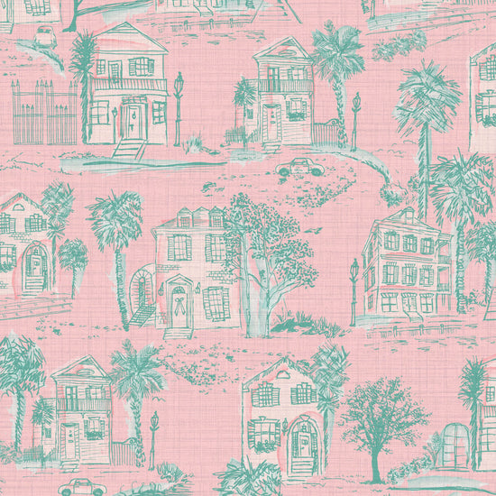 Daydream Believer Charleston Toile Textured Performance Vinyl Wallpaper in Pretty in Pink