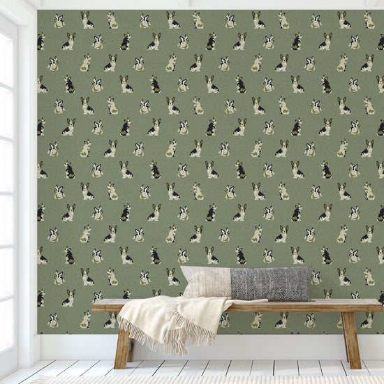 Grasscloth wallpaper Natural Textured Eco-Friendly Non-toxic High-quality  Sustainable Interior Design Bold Custom Tailor-made Retro chic Grandmillennial Maximalism  Traditional Dopamine decor dog animal french bulldog pouch hound kid kids playroom nursery mudroomRustic Cabin cottage Luxury Contemporary stripe olive green