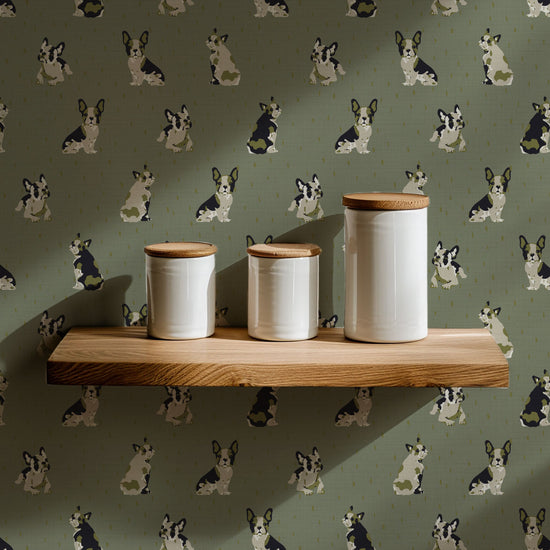 Dogs on the Run French Bulldog Textured Performance Vinyl Wallpaper in Call Me Olive