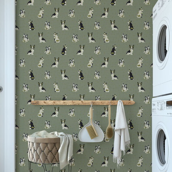 Dogs on the Run French Bulldog Textured Performance Vinyl Wallpaper in Call Me Olive