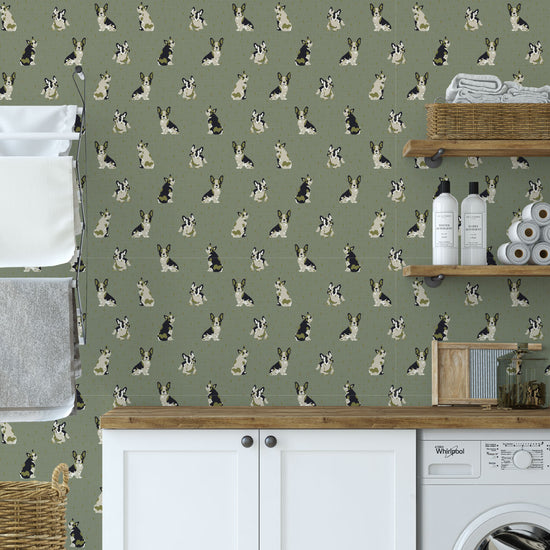 Dogs on the Run French Bulldog Textured Performance Vinyl Wallpaper in Call Me Olive