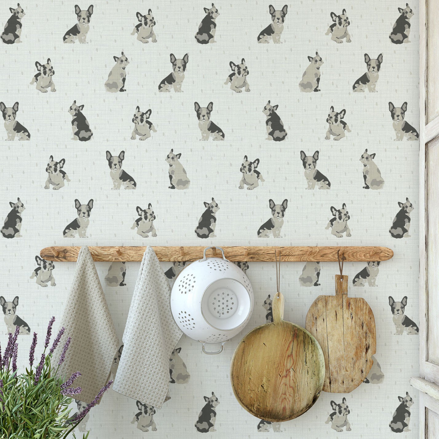 Dogs on the Run French Bulldog Textured Performance Vinyl Wallpaper in Milkshake