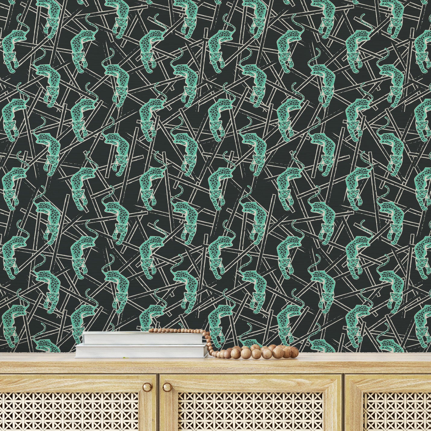 Grasscloth wallpaper Natural Textured Eco-Friendly Non-toxic High-quality  Sustainable Interior Design Bold Custom Tailor-made Retro chic Grand millennial Maximalism  Traditional Dopamine decor tropical jungle garden vacation animal cheetah black mint