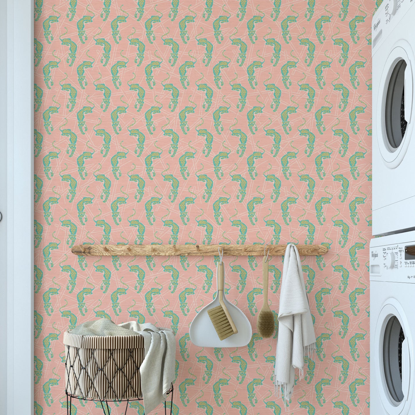 Grasscloth wallpaper Natural Textured Eco-Friendly Non-toxic High-quality Sustainable Interior Design Bold Custom Tailor-made Retro chic Grand millennial Maximalism Traditional Dopamine decor tropical jungle garden vacation animal cheetah mint green coral pink pastel neon