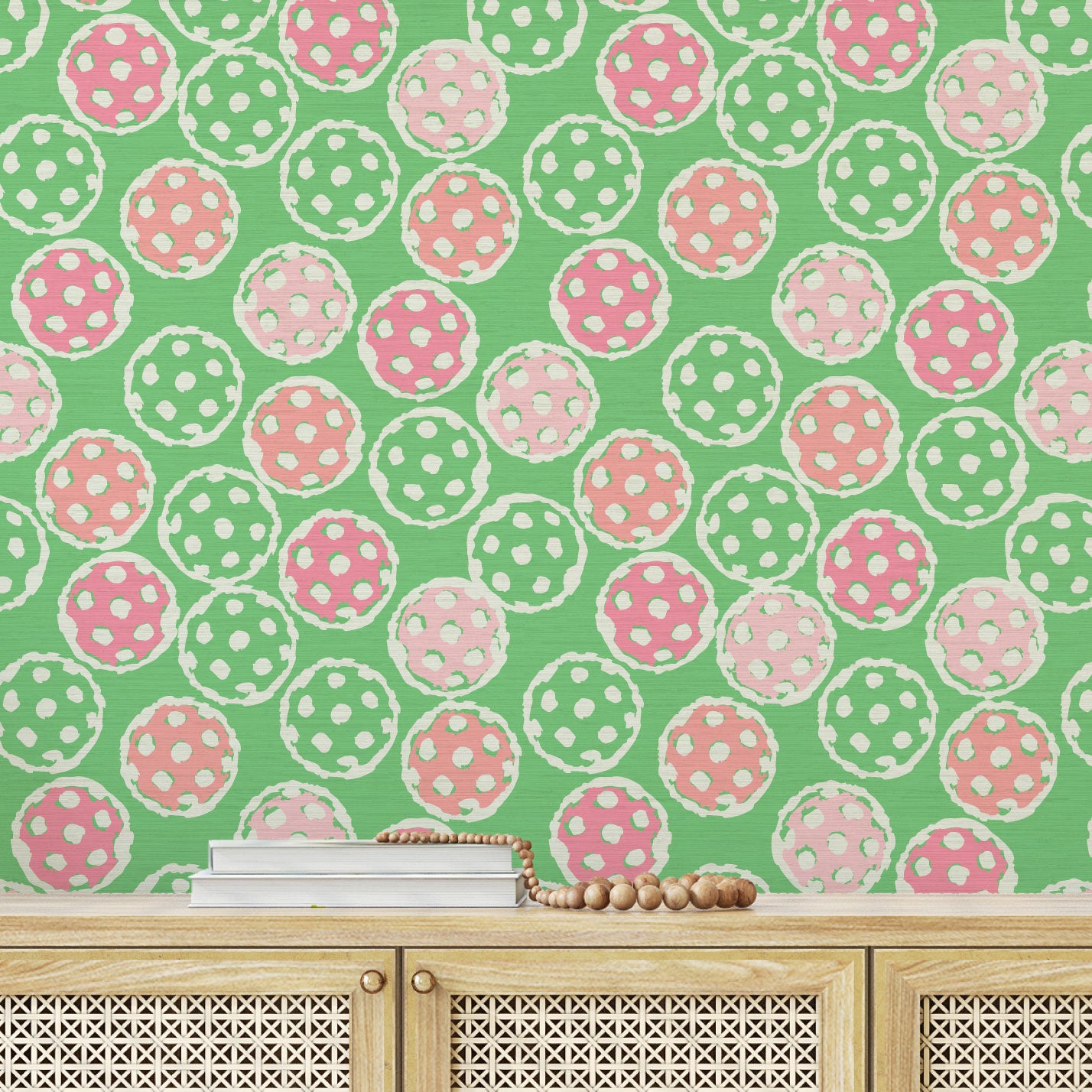 pickleball sport ball green white kids Grasscloth Natural Textured Eco-Friendly Non-toxic High-quality Sustainable practices Sustainability Interior Design Wall covering Bold Wallpaper Custom Tailor-made Retro chic custom made pink baby pink preppy