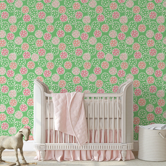 pickleball sport ball green white kids Grasscloth Natural Textured Eco-Friendly Non-toxic High-quality Sustainable practices Sustainability Interior Design Wall covering Bold Wallpaper Custom Tailor-made Retro chic custom made pink baby pink preppy paper weave paperweave