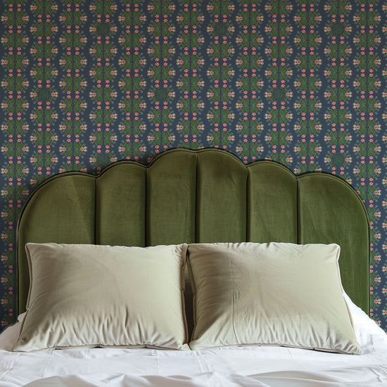 June St. George pink green blue flowers on navy blue wallpaper wall covering grasscloth grass cloth paper weave textured custom luxury natural woman artist women contemporary modern interior design bold tailor made Eco-Friendly
Non-toxic
High-quality 
Sustainable
Retro chic
Grand millennial
Maximalism 
Traditional
Dopamine decor
girly
monogram monogrammed