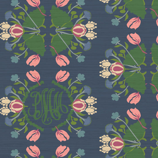 June St. George pink green blue flowers on navy blue wallpaper wall covering grasscloth grass cloth paper weave textured custom luxury natural woman artist women contemporary modern interior design bold tailor made Eco-Friendly
Non-toxic
High-quality 
Sustainable
Retro chic
Grand millennial
Maximalism 
Traditional
Dopamine decor
girly
monogram monogrammed